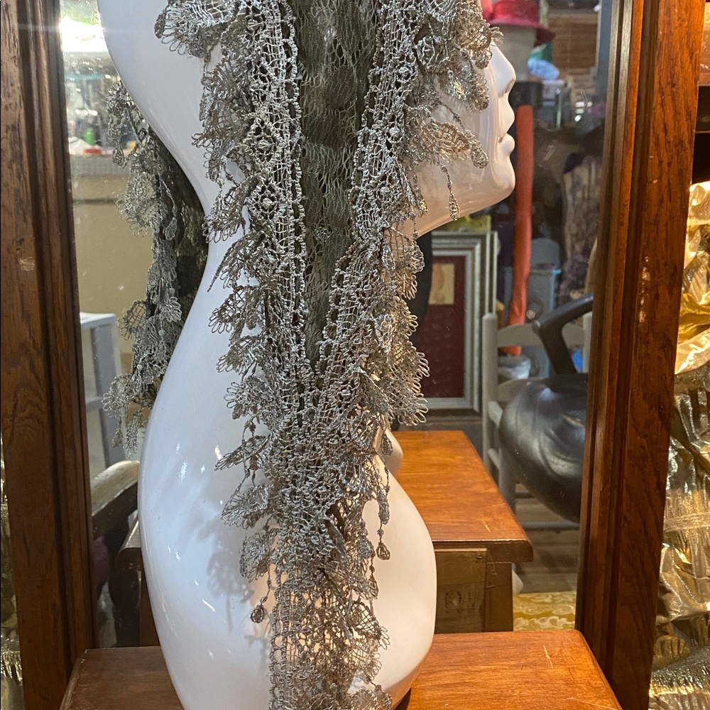Olive Green Lace Trim Scarf 66 x 10 to 2 inch - Picture 4 of 5